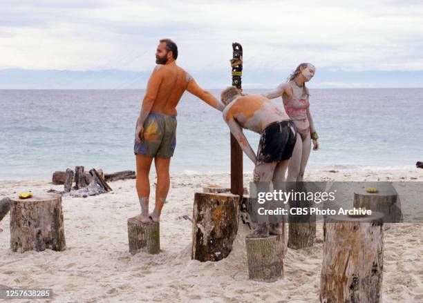 Survivor: Borneo; Survivor: Pulau Tigua. Season One. Richard Hatch, Rudy Boesch and Kelly Wiglesworth in the final immunity challenge.