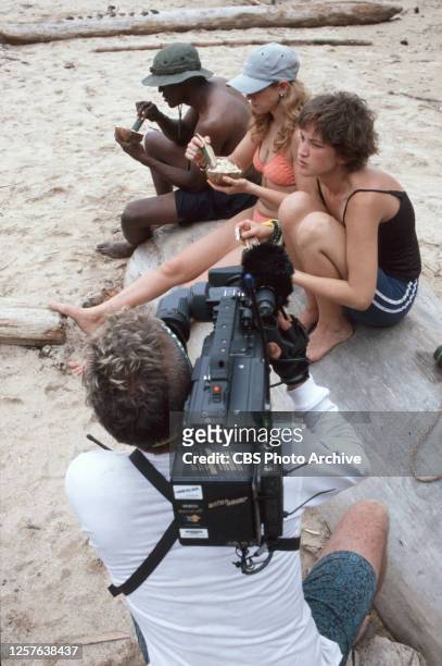 Pulau Tiga, Borneo / South China Sea, Season One. Pagong Tribe members Gervase Peterson, Jenna Lewis and Colleen Haskell on camera. 2000.