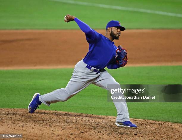 Jeremy Jeffress of the Chicago Cubs pitches against the Chicago White Sox during an exhibition game at Guaranteed Rate Field on July 20, 2020 in...