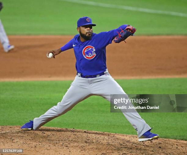 Jeremy Jeffress of the Chicago Cubs pitches against the Chicago White Sox during an exhibition game at Guaranteed Rate Field on July 20, 2020 in...