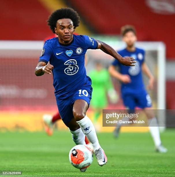 Willian of Chelsea controls the ball during the Premier League match between Liverpool FC and Chelsea FC at Anfield on July 22, 2020 in Liverpool,...