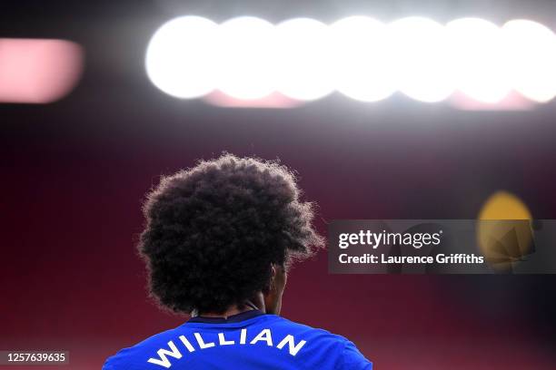 Close up view of Willian of Chelsea during the Premier League match between Liverpool FC and Chelsea FC at Anfield on July 22, 2020 in Liverpool,...