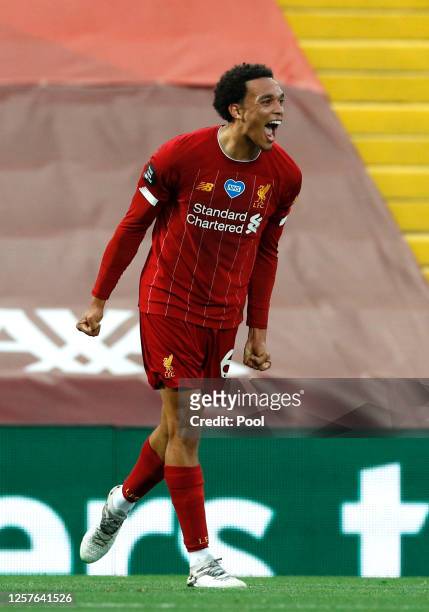 Trent Alexander-Arnold of Liverpool celebrates after scoring his team's second goal during the Premier League match between Liverpool FC and Chelsea...
