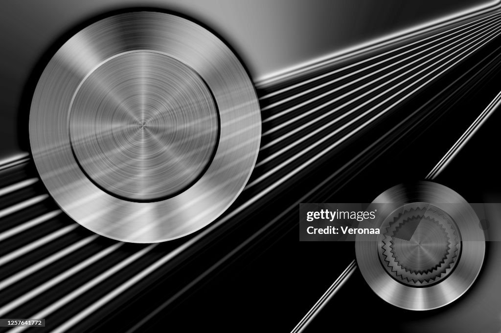 Abstract monochrome metallic background, brushed and engraved metal plate withlines and metallic circle buttons.