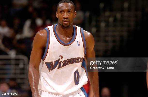 Gilbert Arenas of the Washington Wizards plays against the Los Angeles Clippers on November 9, 2005 at the MCI Center in Washington, DC. NOTE TO...