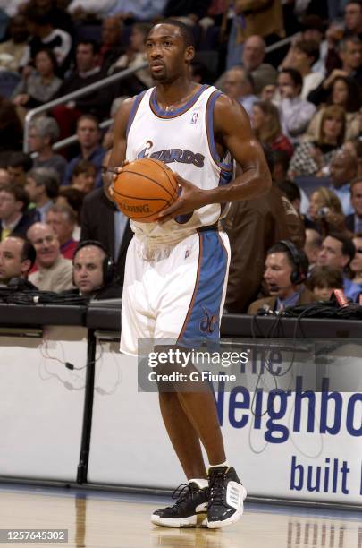 Gilbert Arenas of the Washington Wizards handles the ball against the Los Angeles Clippers on November 9, 2005 at the MCI Center in Washington, DC....