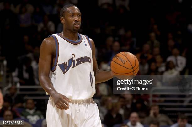 Gilbert Arenas of the Washington Wizards handles the ball against the Los Angeles Clippers on November 9, 2005 at the MCI Center in Washington, DC....