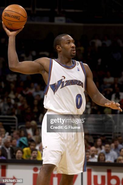 Gilbert Arenas of the Washington Wizards handles the ball against the Los Angeles Clippers on November 9, 2005 at the MCI Center in Washington, DC....