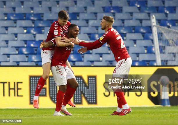 Britt Assombalonga of Middlesbrough celebrates after scoring their second goal during the Sky Bet Championship match between Sheffield Wednesday and...