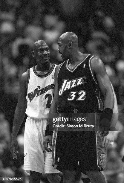 Michael Jordan of the Washington Wizards in action against Karl Malone of the Utah Jazz at the MCI Center on November 4th 2002 in Washington DC.