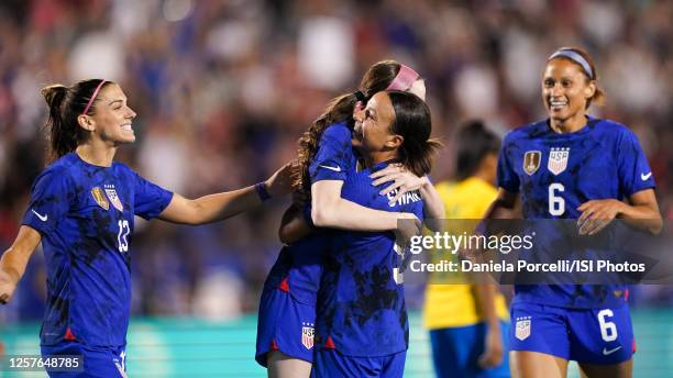 Mallory Swanson of the United States celebrates scoring with teammates during a game between Brazil and USWNT at Toyota Stadium on February 22, 2023...