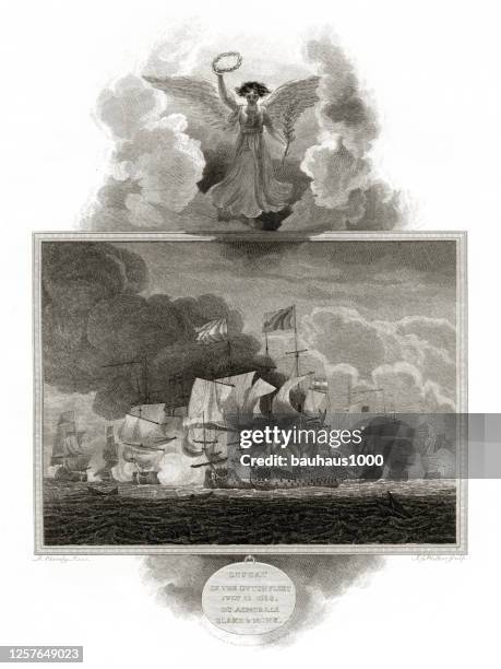 illustrazioni stock, clip art, cartoni animati e icone di tendenza di antique, royal navy sconfiggendo la flotta olandese, incisione vittoriana inglese, 1806 - impero britannico