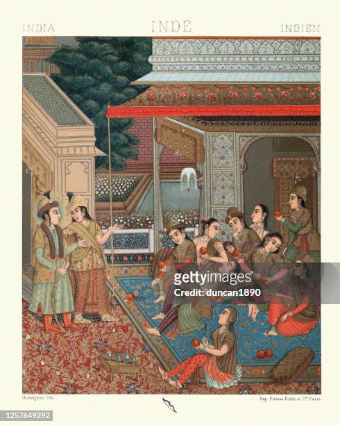 stockillustraties, clipart, cartoons en iconen met binnenplaats van de seraglio, mughal empire, india - indian painting