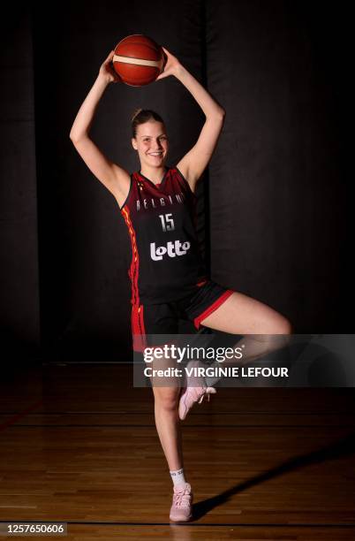 Belgium's Nastja Claessens poses for the photographer at a media day of the Belgian national team women basketball team 'the Belgian Cats' ahead of...