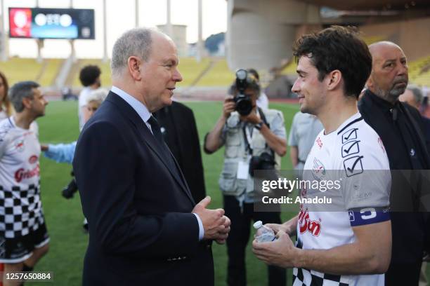 Prince Albert II of Monaco and Formula 1 driver Charles Leclerc during the charity football match between A.S. Star Team MC and All Stars Drivers at...