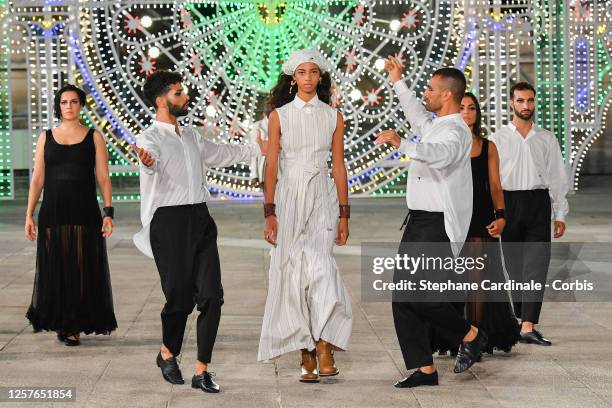 Model walks the runway at the Dior Cruise 2021 fashion show on July 22, 2020 in Lecce, Italy.