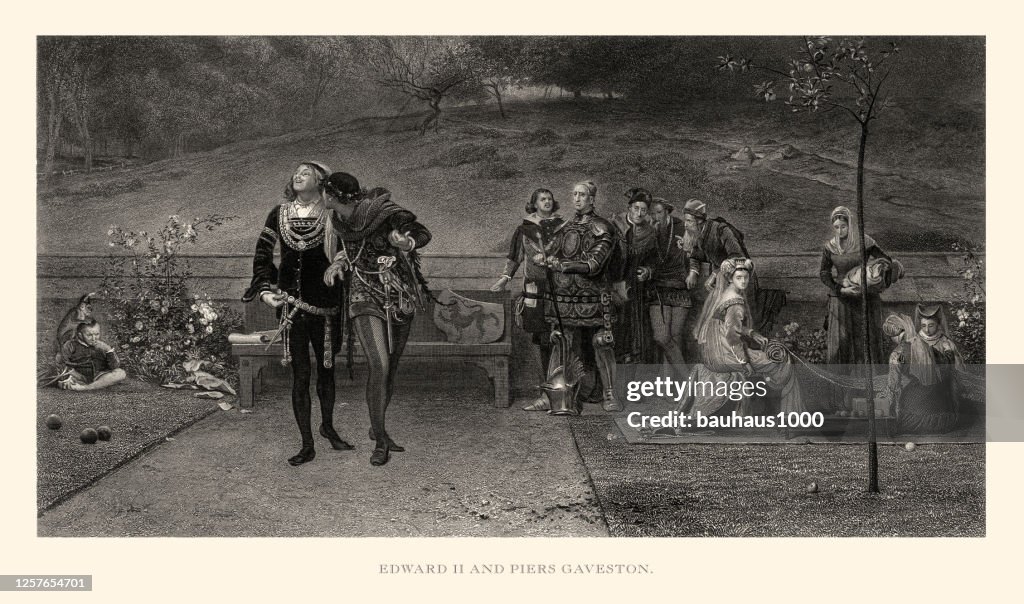 Vintage, Edward II and Piers Gaveston, English Victorian Engraving, 1875