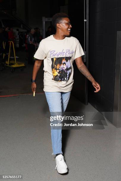 Danielle Robinson of the Atlanta Dream arrives to the arena before the game against the Minnesota Lynx on May 23, 2023 at Target Center in...