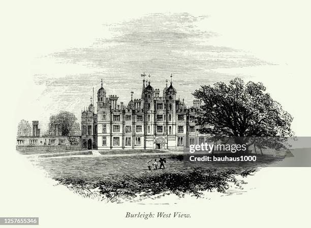 ilustrações, clipart, desenhos animados e ícones de vintage, gravura vitoriana inglesa, burleigh hall, west view, leicestershire, inglaterra, 1875 - castle