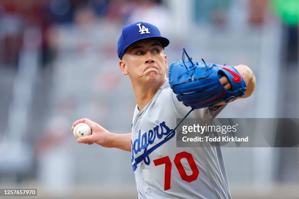Bobby Miller of the Los Angeles Dodgers pitches in the first inning against the Atlanta Braves at Truist Park on May 23, 2023 in Atlanta, Georgia.