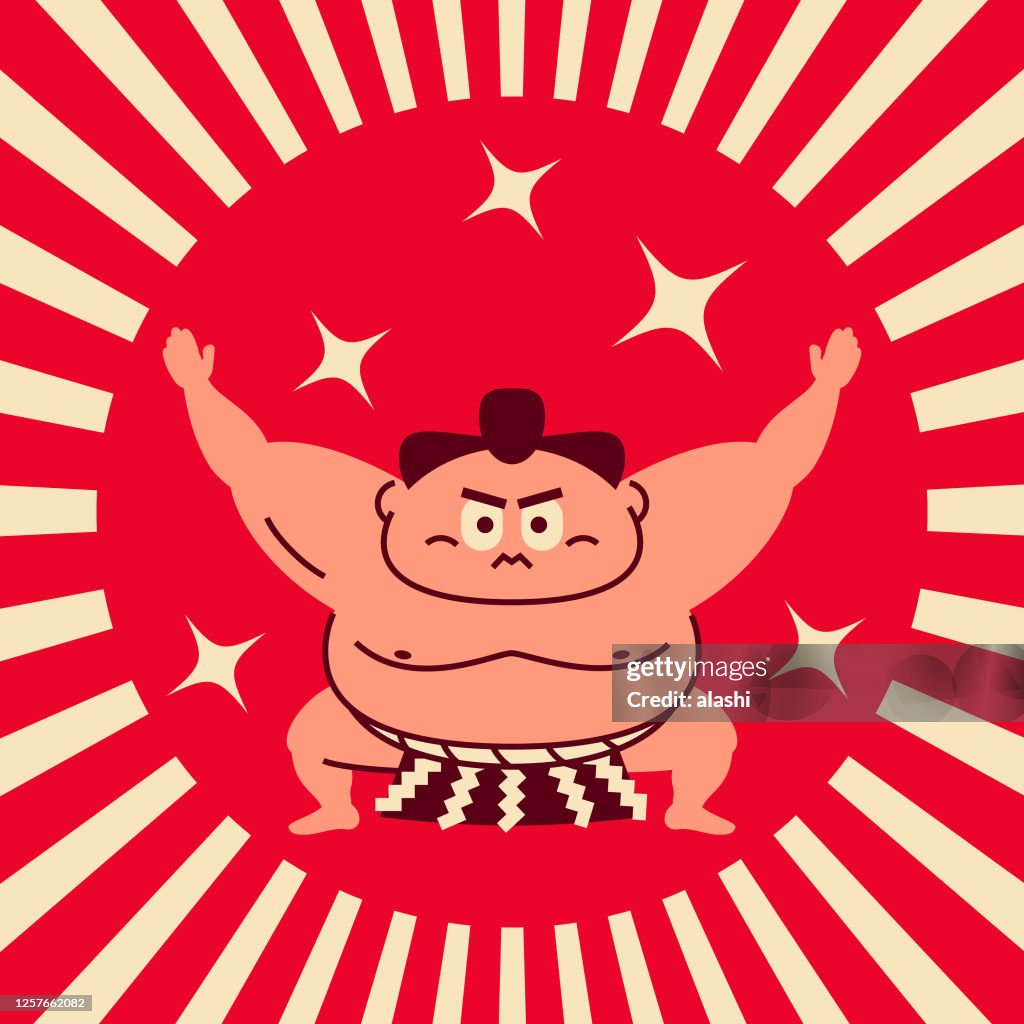 Le lutteur de Sumo exécute la cérémonie traditionnelle du Nouvel An (accroupi, bras levés)