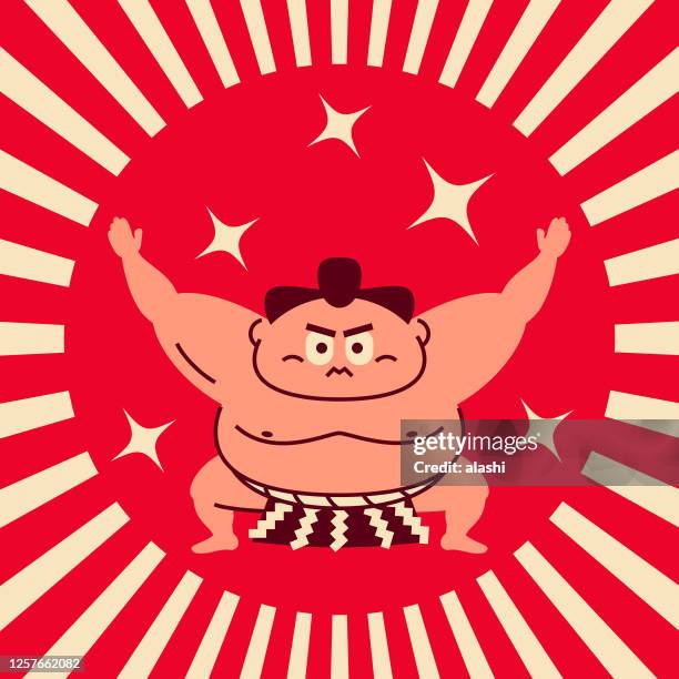 sumo wrestler performs traditional new year's ceremony (crouching, arms raised) - sujo stock illustrations