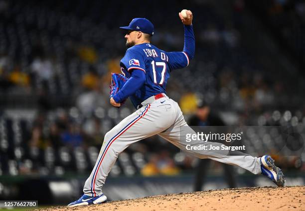 Nathan Eovaldi of the Texas Rangers pitches during the ninth inning against the Pittsburgh Pirates at PNC Park on May 23, 2023 in Pittsburgh,...