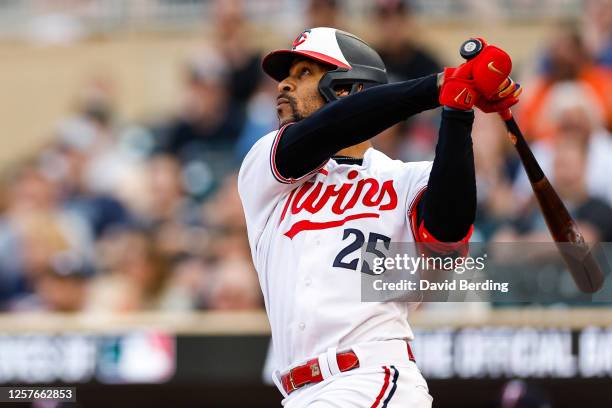 Byron Buxton of the Minnesota Twins hits a two-run home run against the San Francisco Giants in the first inning at Target Field on May 23, 2023 in...