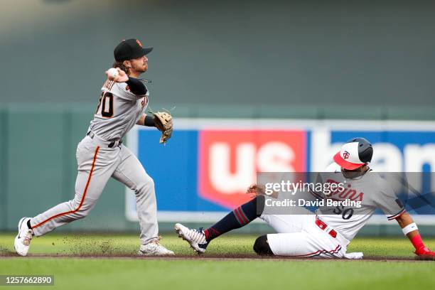 Willi Castro of the Minnesota Twins is out at second base as Brett Wisely of the San Francisco Giants turns a double play in the second inning at...