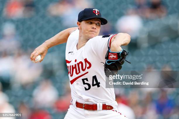Sonny Gray of the Minnesota Twins delivers a pitch against the San Francisco Giants in the first inning at Target Field on May 23, 2023 in...