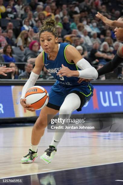 Aerial Powers of the Minnesota Lynx drives to the basket during the game against the Atlanta Dream on May 23, 2023 at Target Center in Minneapolis,...