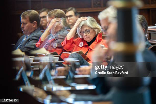 Republican state Sen. Katrina Shealy reads the book "Ejaculate Responsibly" during debate and before the Senate passed a ban on abortion after six...