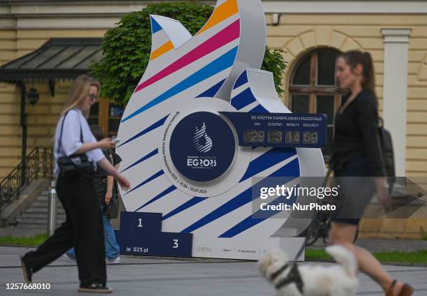 Countdown clock located outside the old terminal of Krakow main train station shows 29 days to the start of the 3rd European Games, in Krakow,...