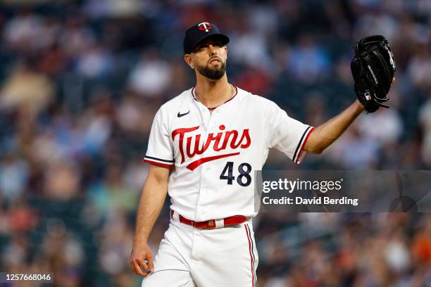 Jorge Lopez of the Minnesota Twins reacts to giving up a two-run home run to Michael Conforto of the San Francisco Giants in the seventh inning at...
