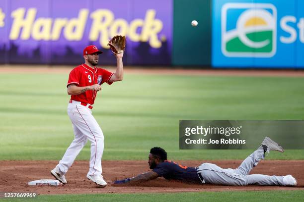 Niko Goodrum of the Detroit Tigers steals second base ahead of the throw to Mike Moustakas of the Cincinnati Reds in the third inning of an...