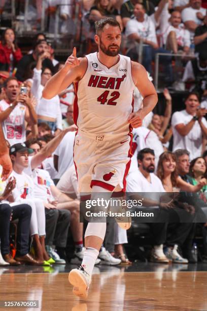 Kevin Love of the Miami Heat looks on during the game during round 3 game 4 of the Eastern Conference Finals 2023 NBA Playoffs on May 19, 2023 at the...