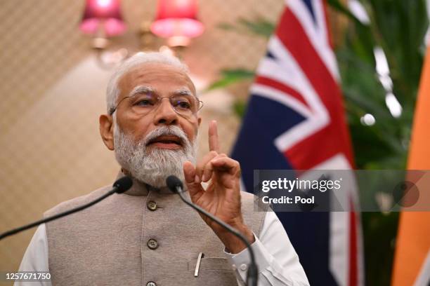 India's Prime Minister Narendra Modi during a press conference following a bilateral meeting at Admiralty House on May 24, 2023 in Sydney, Australia....