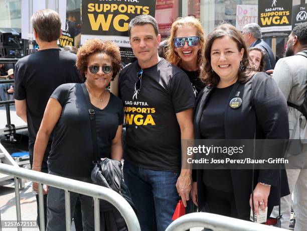 Wanda Sykes and Rebecca Damon are seen attending the Writers Guild of America strike outside the NBC Building on May 23, 2023 in New York City.