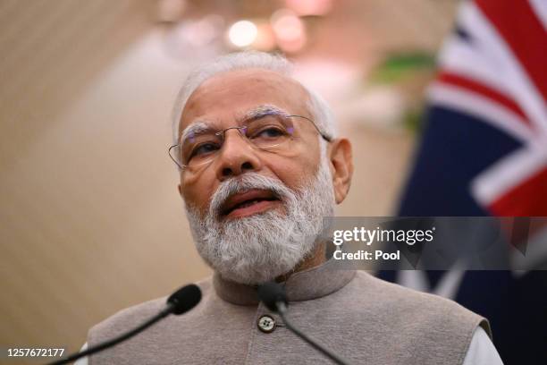 India's Prime Minister Narendra Modi during a press conference following a bilateral meeting at Admiralty House on May 24, 2023 in Sydney, Australia....