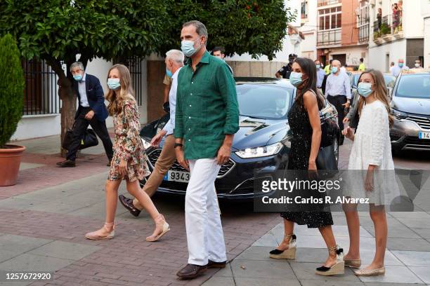 King Felipe VI of Spain, Queen Letizia of Spain, Princess Leonor of Spain and Princess Sofia of Spain arrive at the Parador of Merida on July 22,...