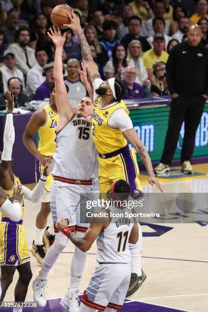 Los Angeles Lakers forward Anthony Davis blocks Denver Nuggets center Nikola Jokic shot during the Denver Nuggets versus the Los Angeles Lakers in...