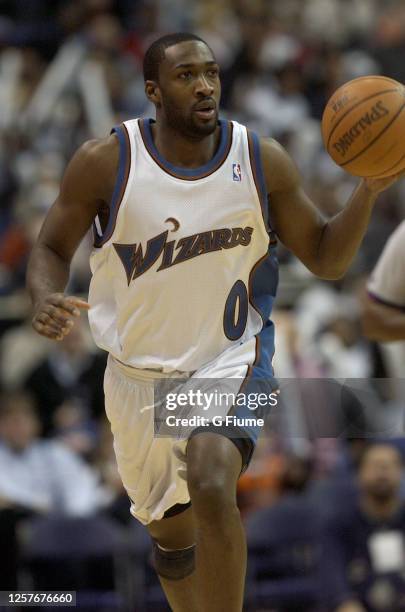 Gilbert Arenas of the Washington Wizards handles the ball against the Milwaukee Bucks on December 2, 2005 at the MCI Center in Washington, DC. NOTE...