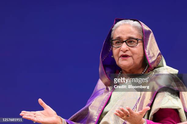 Sheikh Hasina, Bangladesh's prime minister, speaks during a session on day two of the Qatar Economic Forum in Doha, Qatar, on Wednesday, May 24,...