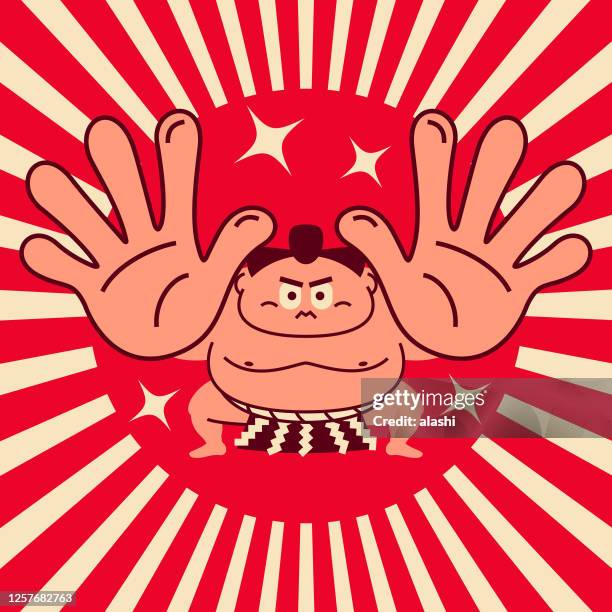 sumo wrestler crouching giving palm attack - sujo stock illustrations