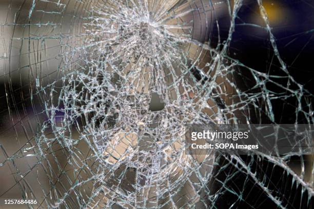 View of the broken windshield of an Israeli settler's car after it was pelted with stones in the town of Hawara, south of Nablus, in the occupied...