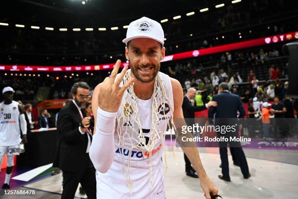 Rudy Fernandez, #5 of Real Madrid celebrates at the end of Turkish Airlines EuroLeague Final Four Kaunas 2023 Championship game Olympiacos Piraeus v...