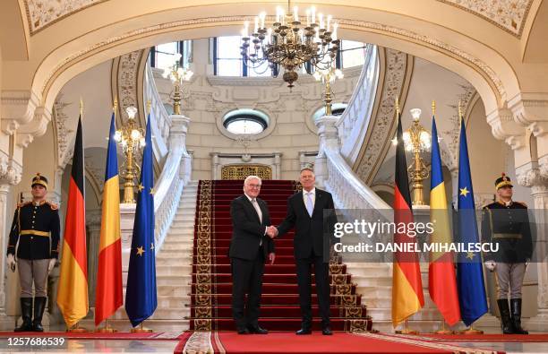 Germany's President Frank-Walter Steinmeier and Romanian President Klaus Iohannis shake hands at the Cotroceni Palace, the Romanian Presidency...