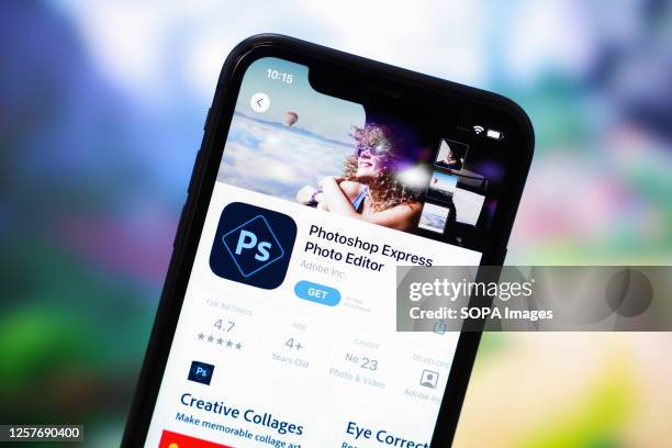 In this photo illustration, the logo of Adobe Photoshop app is displayed in the App Store for an iPhone.