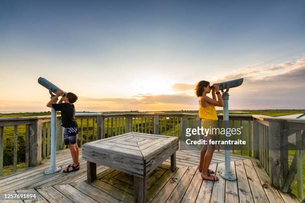 siblings looking through binoculars - outer banks stock pictures, royalty-free photos & images