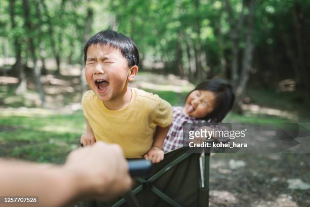 家族はキャンプを楽しむ - 子供　日本人　笑顔 ストックフォトと画像